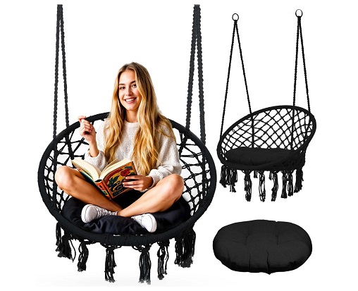 Leagan suspendat pentru copiiadulti Sofotel Boho Negru utilizare interiorexterior 80x63x57 cm, sarcina maxima 150 kg, spatar inalt, cadru metalic, perna inclusa