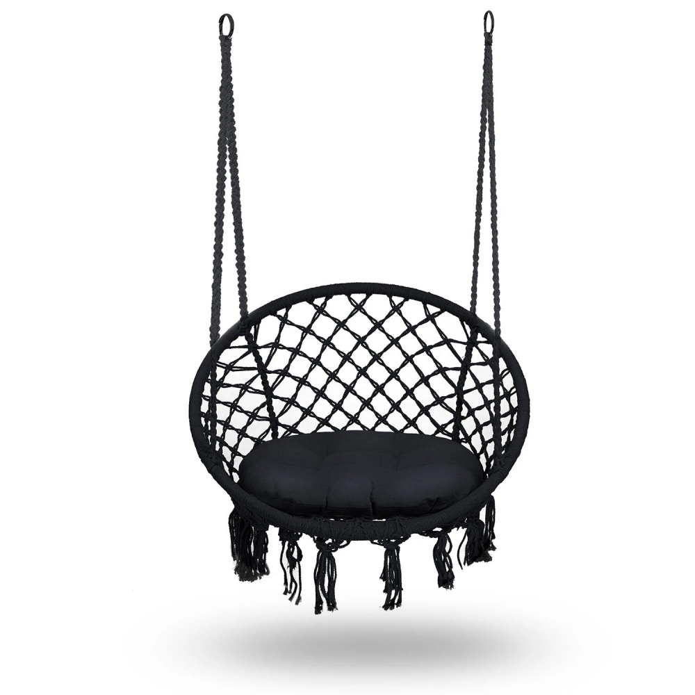 Leagan suspendat pentru copiiadulti Sofotel Boho Negru utilizare interiorexterior 80x63x57 cm, sarcina maxima 150 kg, spatar inalt, cadru metalic, perna inclusa - 1 | YEO