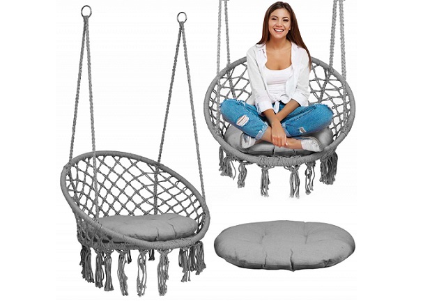 Leagan suspendat pentru copiiadulti Sofotel Boho Gri utilizare interiorexterior 80x63x57 cm, sarcina maxima 150 kg, spatar inalt, cadru metalic, perna inclusa - 1 | YEO