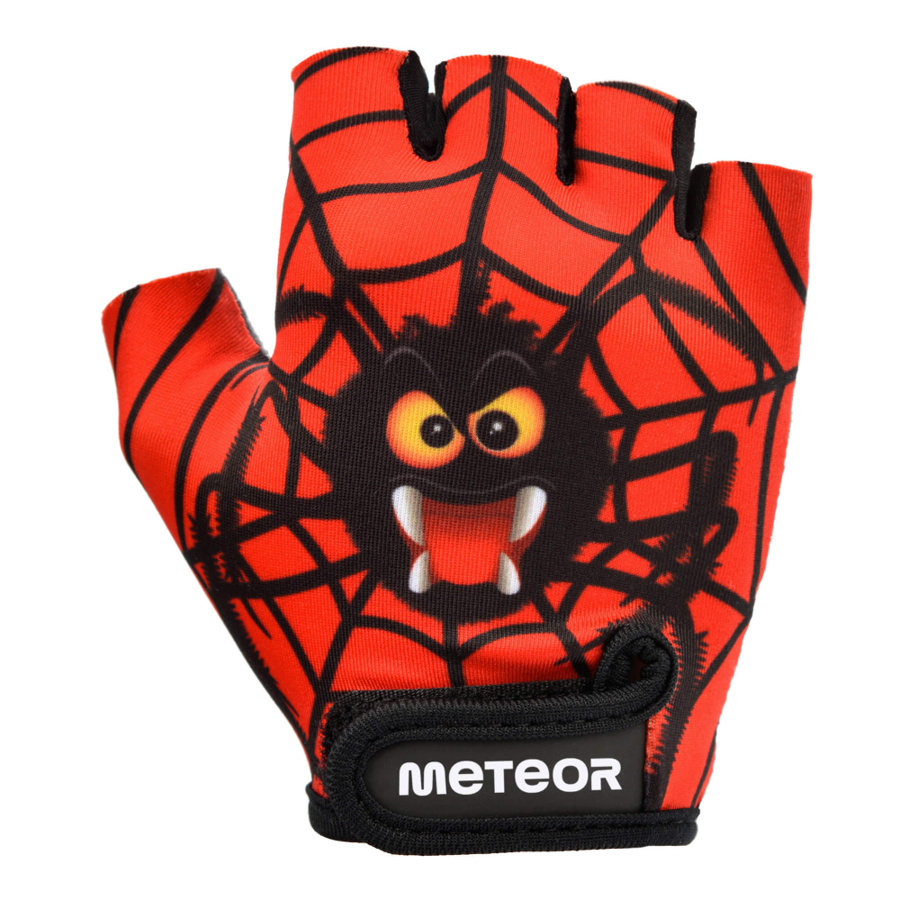 Manusi de ciclism pentru copii, Meteor, cu piele ecologica si insertii din spuma, inchidere velcro, masura S, lungime manusa 11.2 cm, Spider