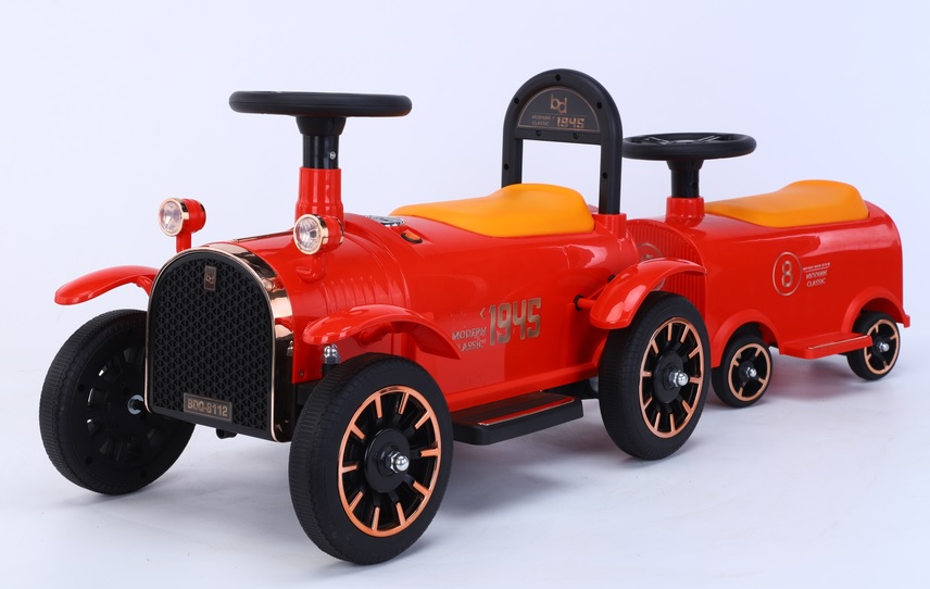 Masinuta electrica de epoca pentru copii Nichiduta Modern Classic Red 12V,cu doua motoare,spatar confortabil inalt,roti din plastic rezistent,Faruri cu lumini functionale,pornire la buton
