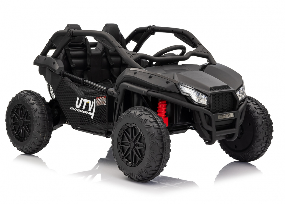 Masinuta electrica de teren pentru 2 copii Nichiduta UTV 4x4 Black, telecomanda 2.4G,acumulator 12V10Ah,4 motoare,roti late din cauciuc EVA,scaun din piele,suspensii,faruri cu lumini LED,mufa USB,MP3,Bluetooth,120x81x65cm - 2