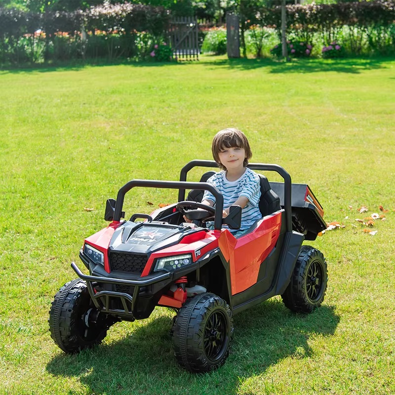 Masinuta electrica pentru 2 copii Nichiduta Speed 4x4 Black cu remorca,telecomanda 2.4G,acumulator 12V10Ah,4 motoare,roti din cauciuc EVA,scaun din piele,suspensii,faruri cu lumini LED,mufa USB,MP3,Bluetooth,centuri siguranta