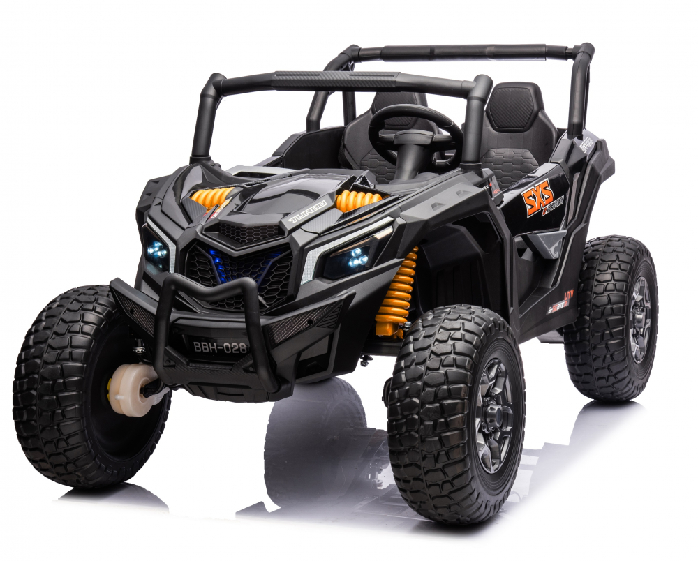 Masinuta electrica pentru 2 copii Nichiduta Turbo Off Road 4X4 Black 24V,cu telecomanda 2.4G,Suspensii,4 motoare,roti din cauciuc EVA,Scaun din piele,Usi cu deschidere,Lumini LED,Muzica,Centura de siguranta,Mufa USB,Bluetooth - 2