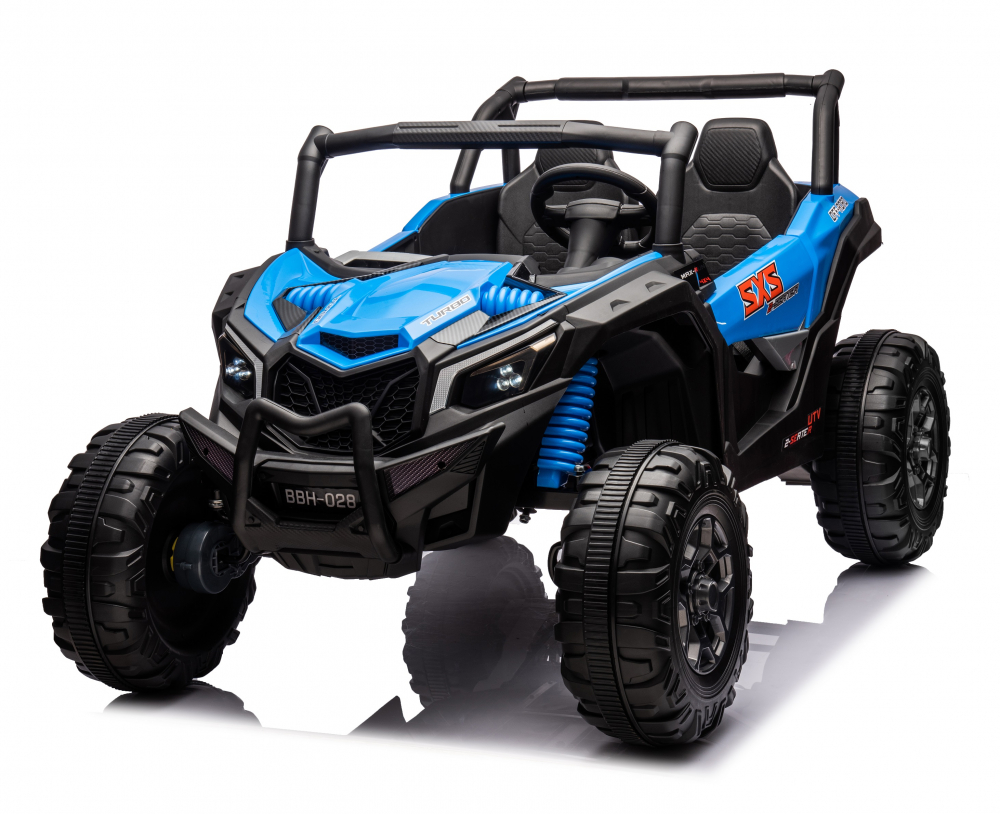 Masinuta electrica pentru 2 copii Nichiduta Turbo Off Road 4X4 Blue 24V ,cu telecomanda 2.4G,Suspensii,4 motoare,roti din cauciuc EVA,Scaun din piele,Usi cu deschidere,Lumini LED,Muzica,Centura de siguranta,Mufa USB,Bluetooth - 2