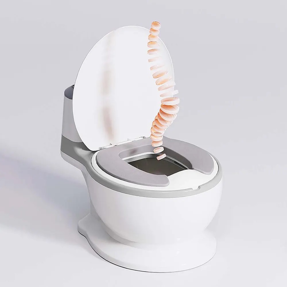 Olita tip minitoaleta pentru copii Little Mom Grey, design realist si ergonomic, colac PVC, cu vas colector detasabil, suport pentru hartie, baza antiderapanta, dimensiune 39 x 27 x 32 cm
