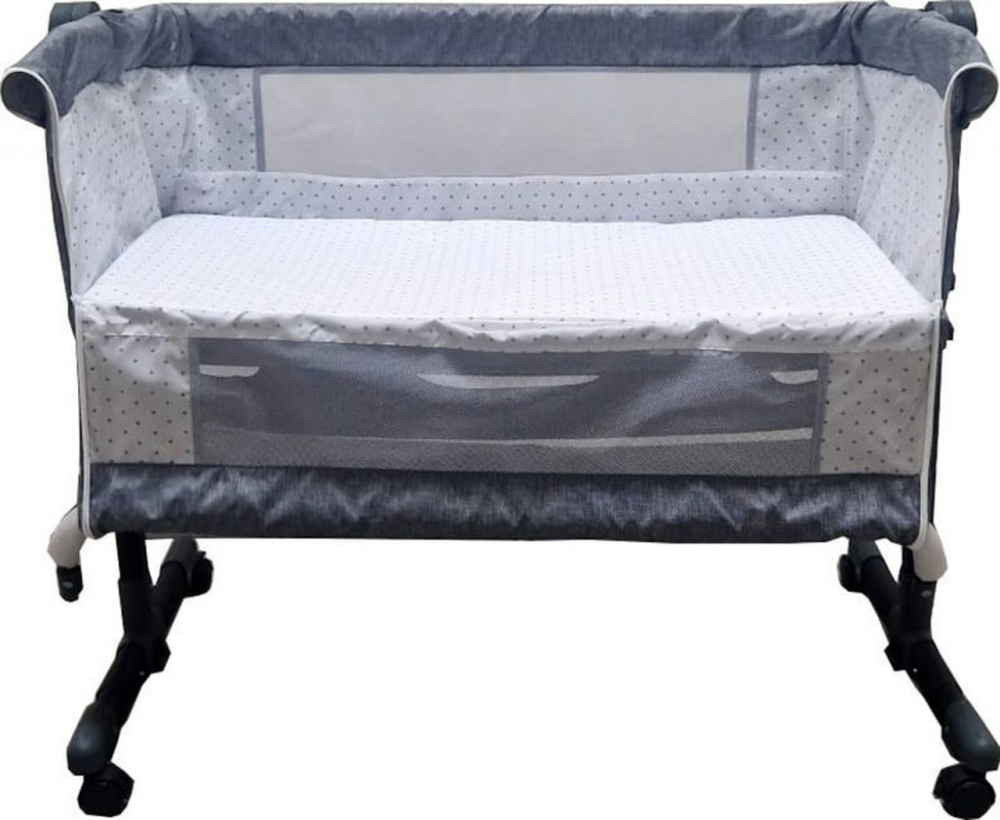 Patut transformabil in balansoar Baby Care Co-Sleeper Gri Jeans Cu plasa insecte si cosulet depozitare, 4 roti cu frana, Dimensiuni 85X95X50 cm, Saltea inclusa, Cadru aluminiu