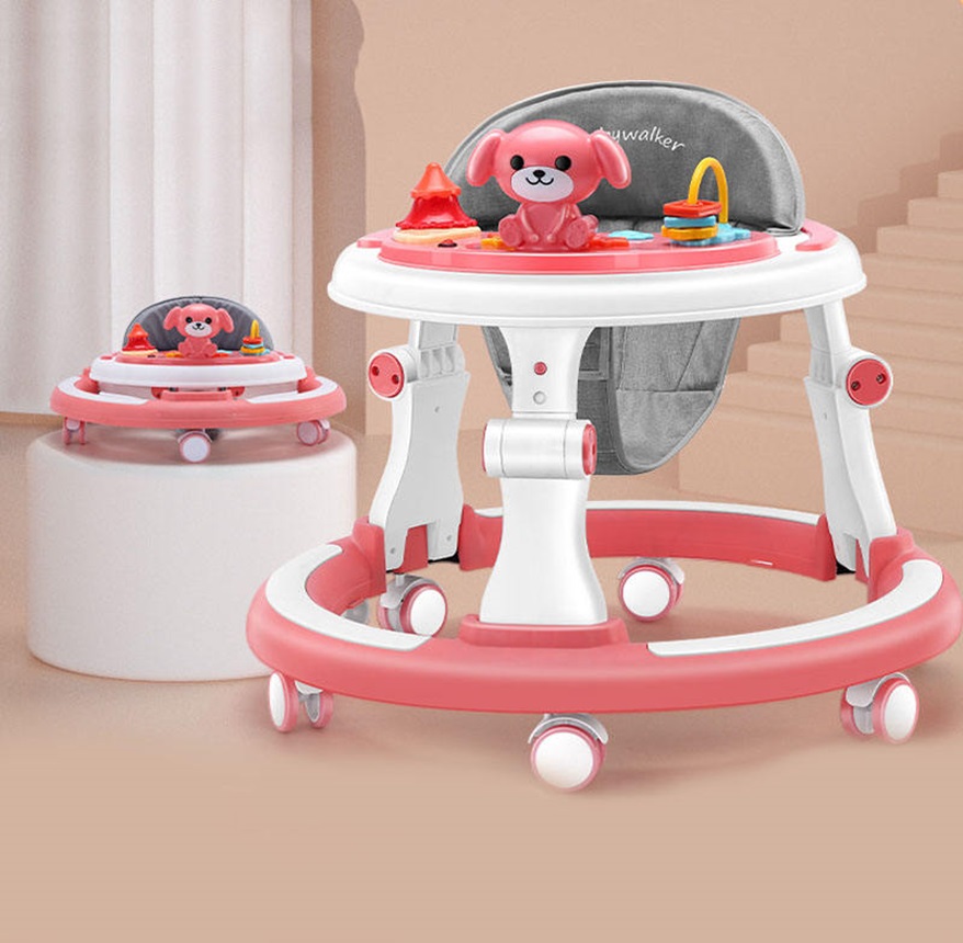 Premergator pentru copii Little Mom Pink, cu panou interactiv detasabil cu sunete si lumini, sezut rotativ 360, roti silentioase, prevazut cu maner de sustinereimpingere