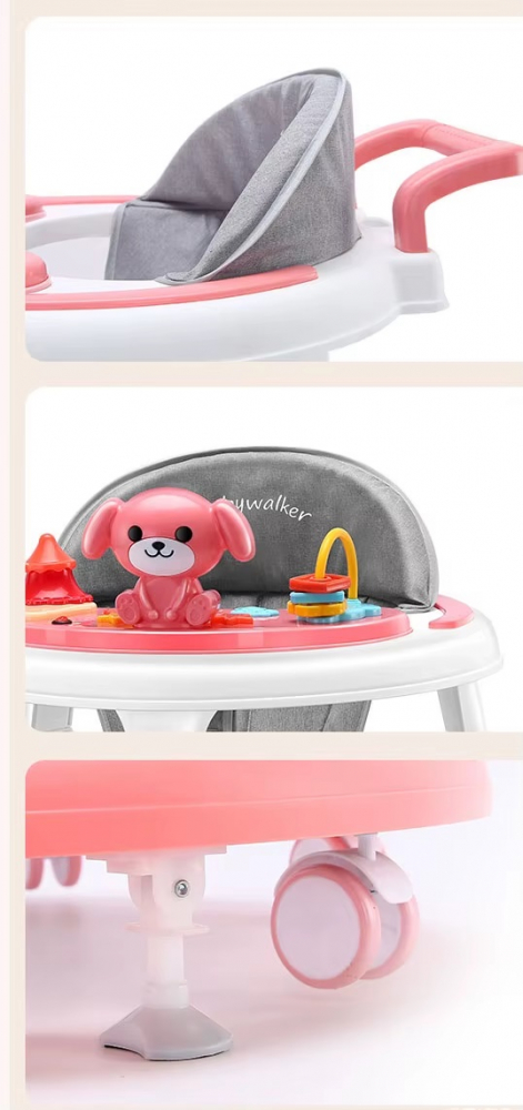 Premergator pentru copii Little Mom Pink, cu panou interactiv detasabil cu sunete si lumini, sezut rotativ 360, roti silentioase, prevazut cu maner de sustinereimpingere - 3