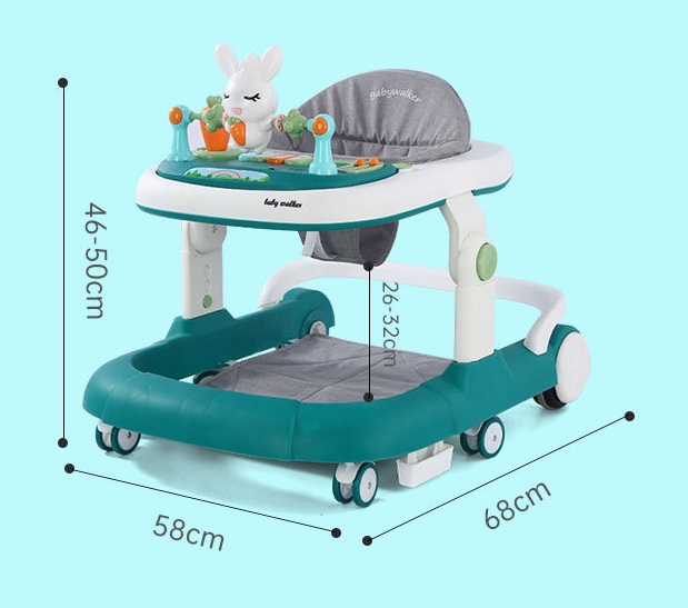 Premergator copii Little Mom Pink Rabbit, pliabil, cu maner de sustinere parental, cu perna de sezut, panou interactiv detasabil, roti silentioase cu rotire 360 grade si sistem de franare, structura piramidala