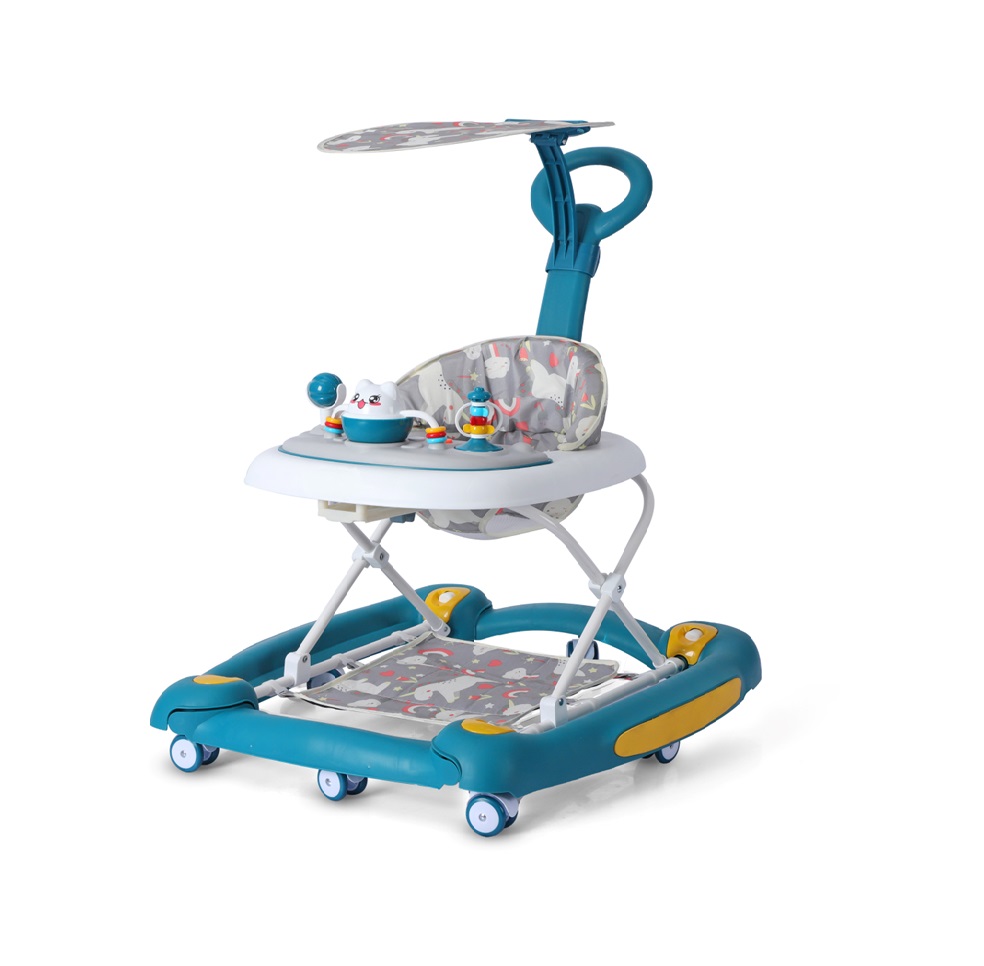 Premergator pentru copii Little Mom, multifunctional cu maner parental, sistem de balansare, Muzica, roti silentioase, cu perna de sezut si copertina detasabila, dimensiune 54 x 17 x 86 cm, Green