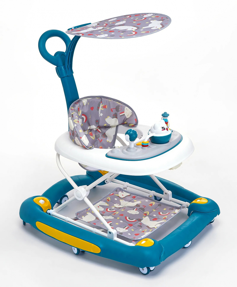 Premergator pentru copii Little Mom, multifunctional cu maner parental, sistem de balansare, Muzica, roti silentioase, cu perna de sezut si copertina detasabila, dimensiune 54 x 17 x 86 cm, Green - 1 | YEO