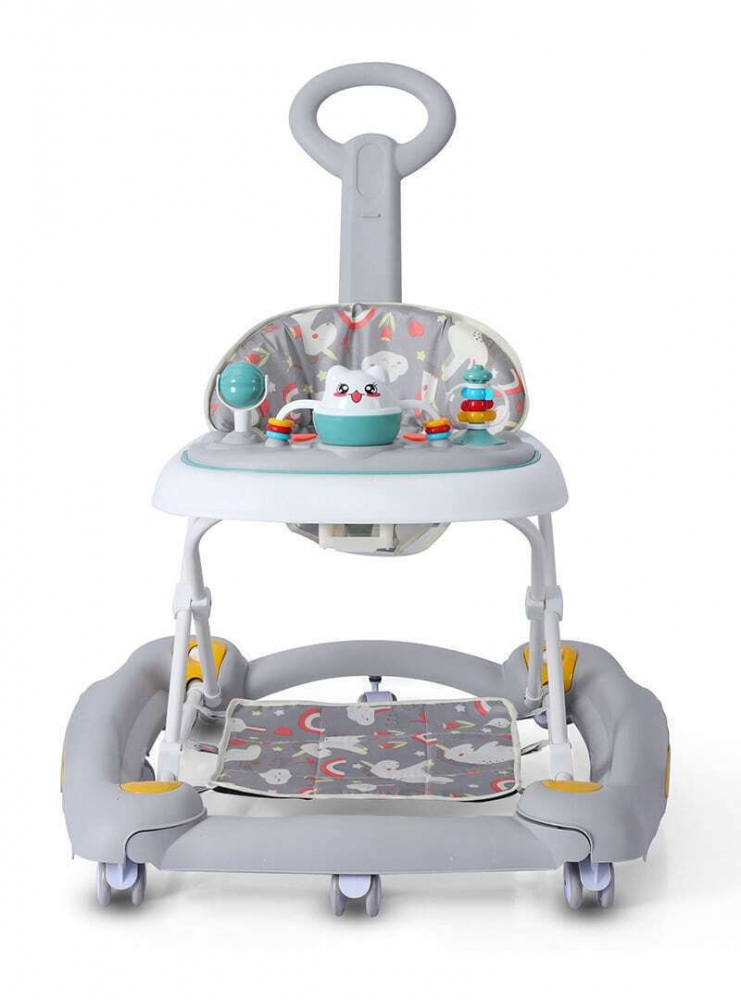 Premergator pentru bebelusi Little Mom, multifunctional cu maner parental, sistem de balansare, Muzica, roti silentioase, cu perna de sezut si copertina detasabila, dimensiune 54 x 17 x 86 cm, Grey