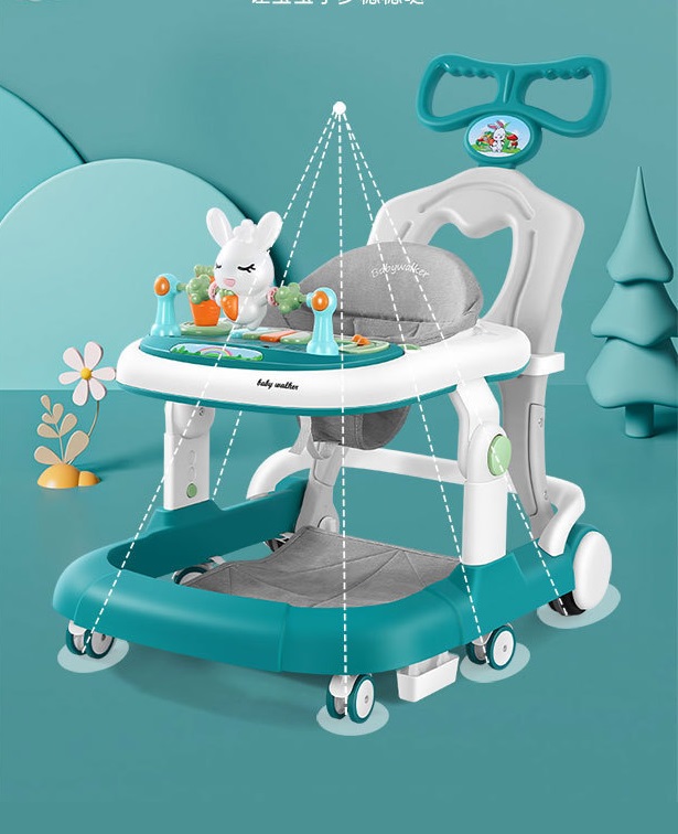 Premergator copii Little Mom Grey Rabbit, pliabil, cu maner de sustinere parental, cu perna de sezut, panou interactiv detasabil, roti silentioase cu rotire 360 grade si sistem de franare, structura piramidala