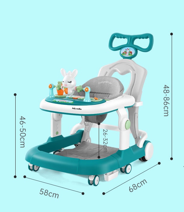 Premergator copii Little Mom Grey Rabbit, pliabil, cu maner de sustinere parental, cu perna de sezut, panou interactiv detasabil, roti silentioase cu rotire 360 grade si sistem de franare, structura piramidala - 4