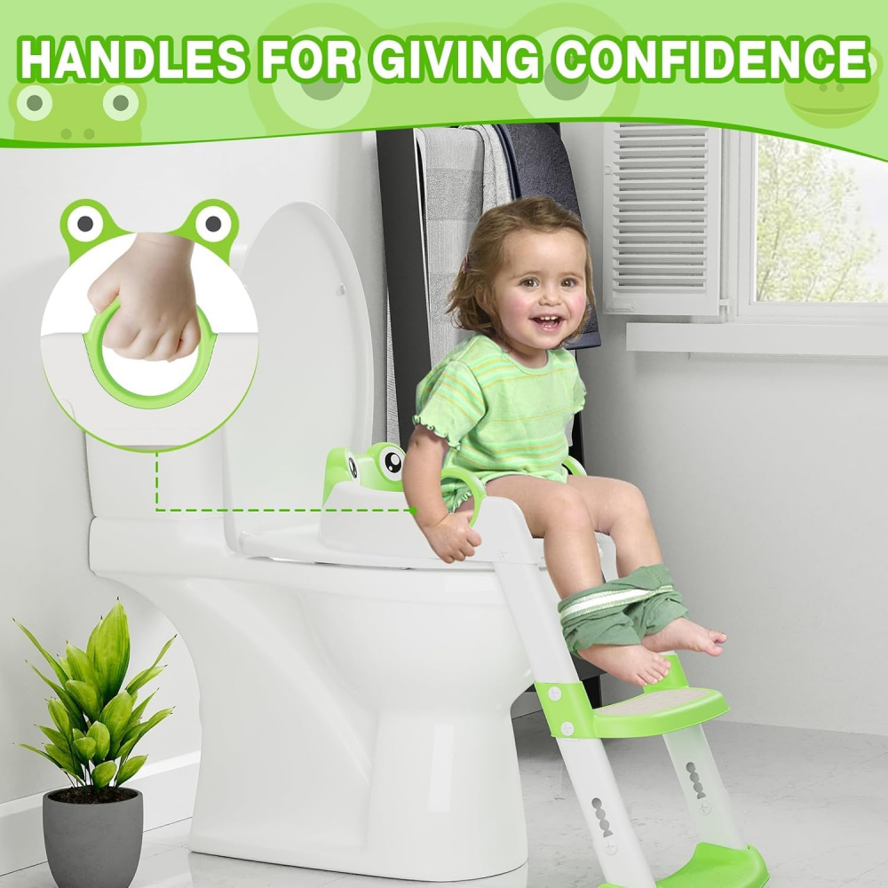 Reductor WC copii Little Mom Green Frog, pliabil, cu colac detasabil moale din PU, inaltime reglabila pe 5 nivele, manere ergonomice si protectie antistropire, compatibilitate universala, baza antiderapanta