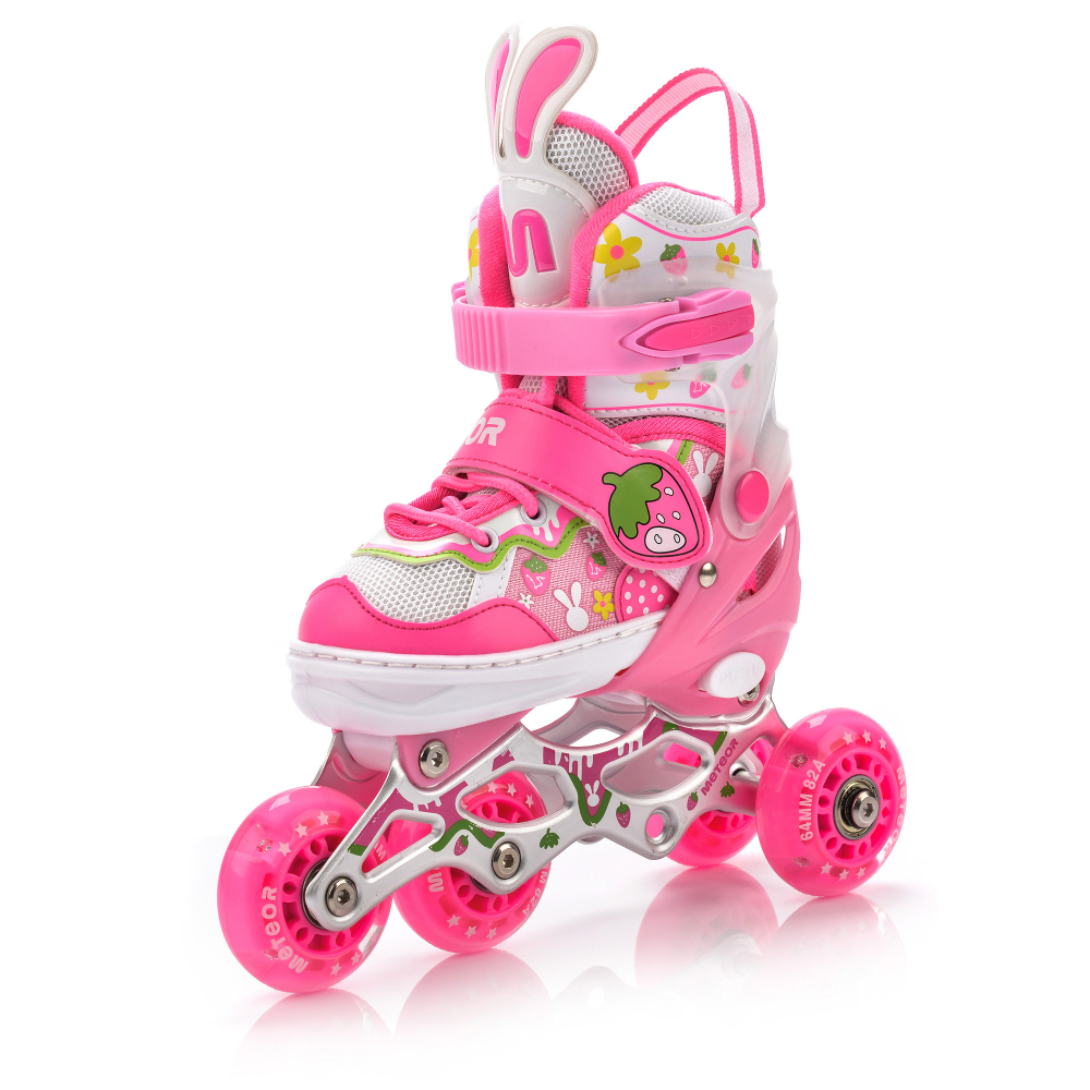 Role pentru copii Meteor Pink Bunny model configurabil 4 in 1, cu lumini, cizma semi-moale cu dimensiune reglabila si sistem de ventilatie, roti din PU, rulmenti din carbon ABEC-7, masura M 34-37 - 2