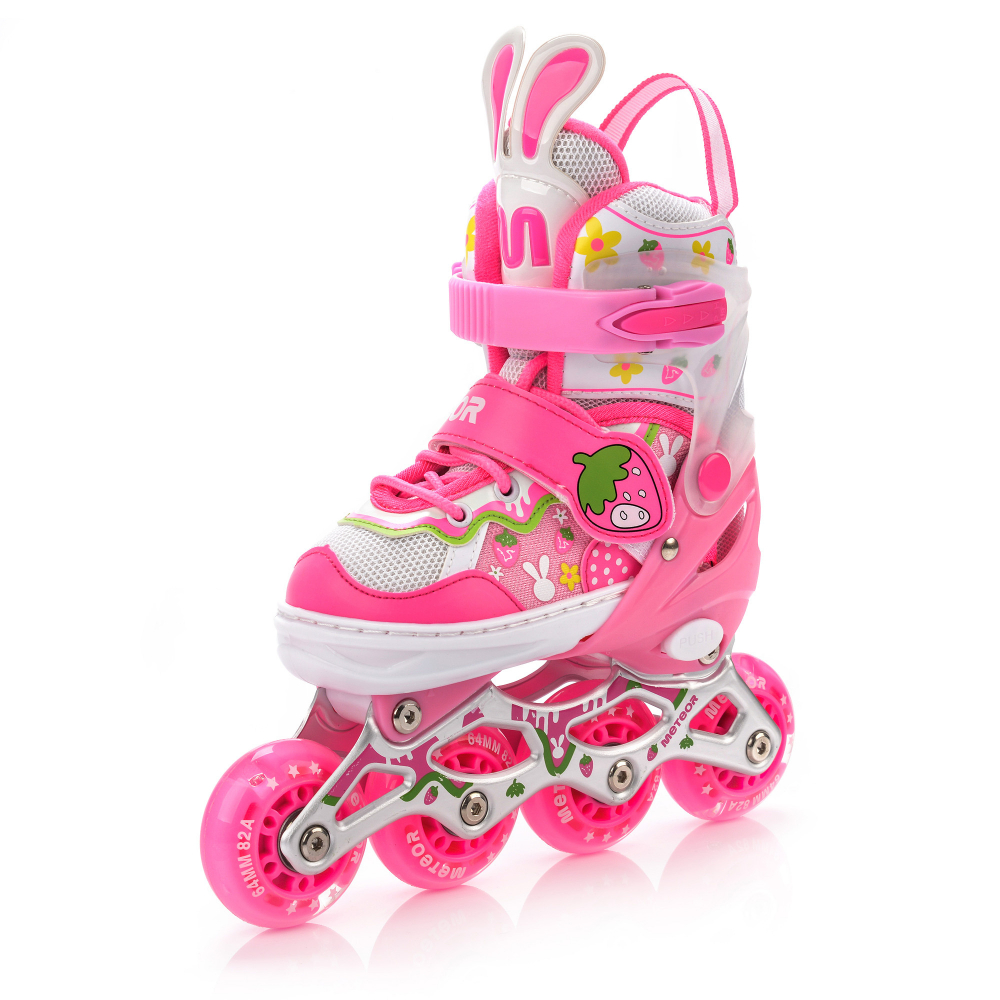 Role pentru copii, Meteor, model configurabil 4 in 1, cu lumini, cizma semi-moale cu dimensiune reglabila si sistem de ventilatie, roti din PU, rulmenti din carbon ABEC-7, masura S 30-33, Pink Bunny