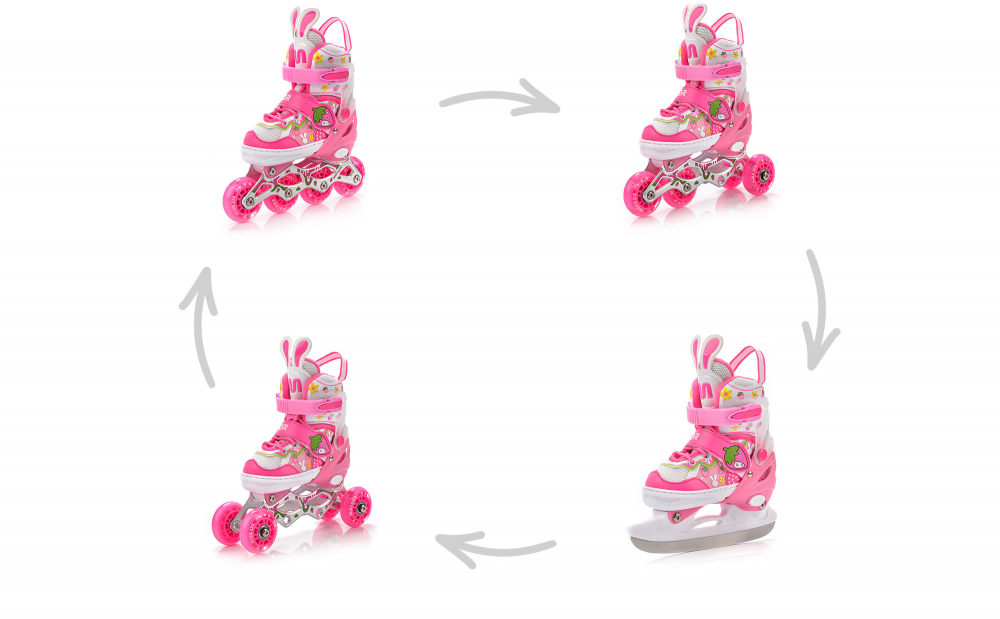 Role pentru copii, Meteor, model configurabil 4 in 1, cu lumini, cizma semi-moale cu dimensiune reglabila si sistem de ventilatie, roti din PU, rulmenti din carbon ABEC-7, masura S 30-33, Pink Bunny - 4