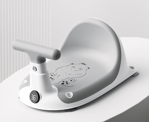 Scaun de baie bebelusi Little Mom Grey, cu spatar si ghidon de sustiere, afisaj de temperatura integrat,  margini rotunjite si fixare cu ventuze, compatibilitate universala, dimensiune 37 x 27.2 x 20.6 cm