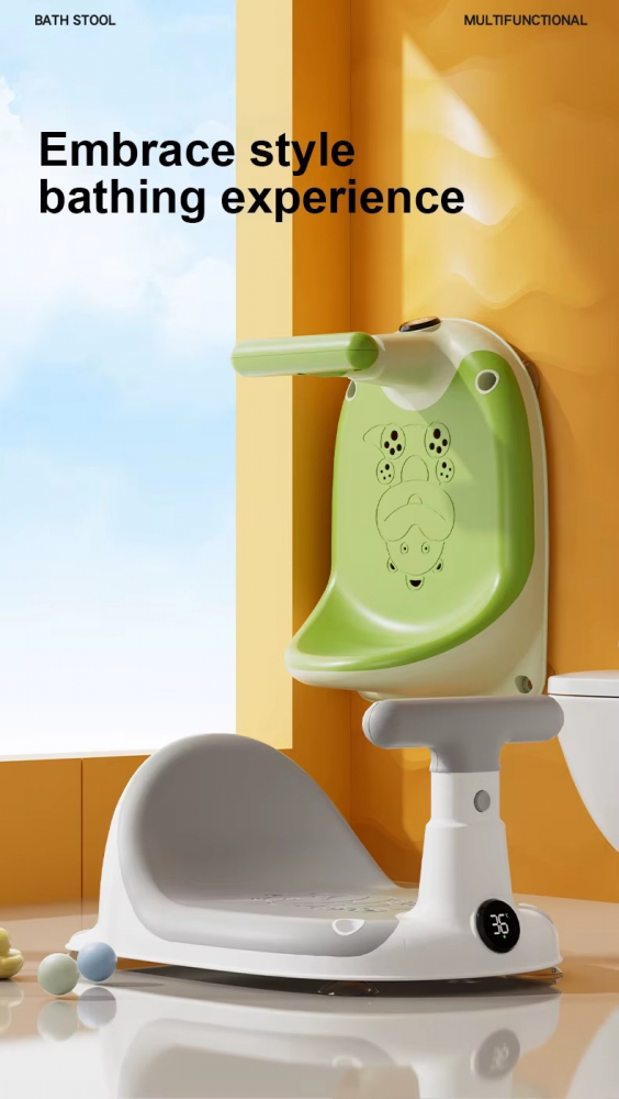 Scaun de baie bebelusi Little Mom Green, cu spatar si ghidon de sustiere, afisaj de temperatura integrat, margini rotunjite si fixare cu ventuze, compatibilitate universala, dimensiune 37 x 27.2 x 20.6 cm