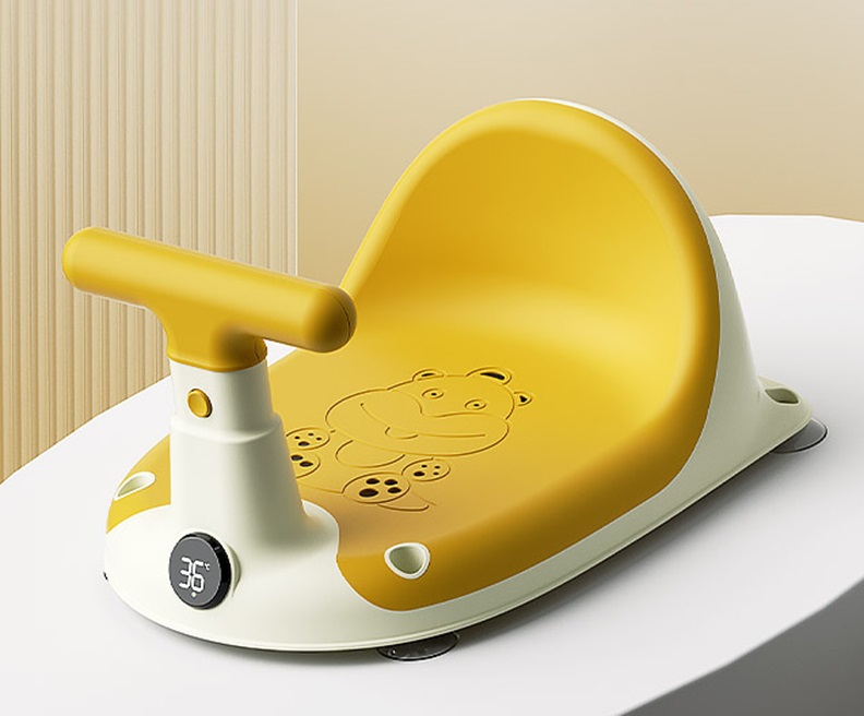 Scaun de baie bebelusi Little Mom Yellow, cu spatar si ghidon de sustiere, afisaj de temperatura integrat,  margini rotunjite si fixare cu ventuze, compatibilitate universala, dimensiune 37 x 27.2 x 20.6 cm