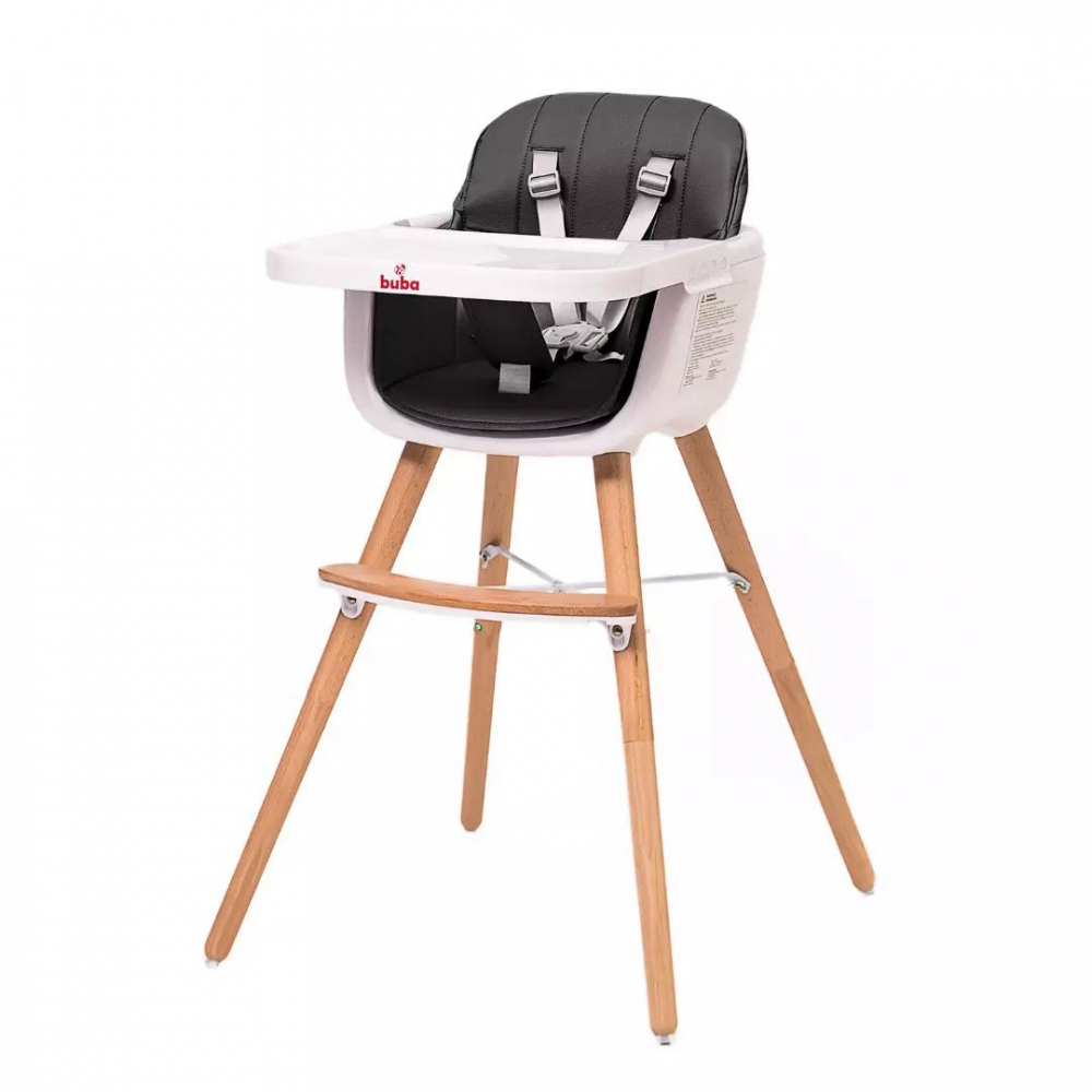 Scaun de masa pentru copii Buba Carino Black 2 in 1 din lemn de fag, suport pentru picioare, tapiterie din piele ecologica