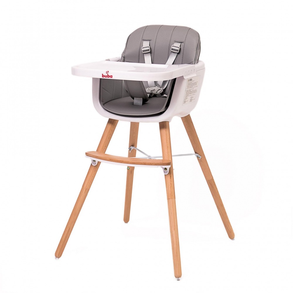 Scaun de masa pentru copii Buba Carino Grey 2 in 1 din lemn de fag, suport pentru picioare, tapiterie din piele ecologica
