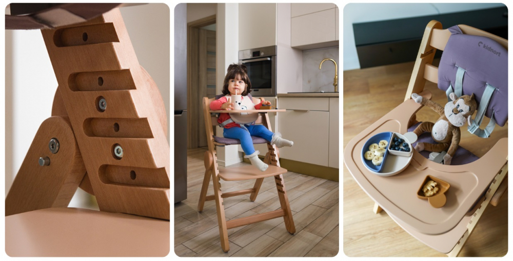 Scaun de masa pentru copii multifunctional Kidnort Drommer Brown, pliabil, din lemn, transformabil, cu sezut reglabil pe 11 nivele de inaltime, picioare antiderapante, cu pernuta inclusa, capacitate maxim admisa 75 kg - 2 | YEO