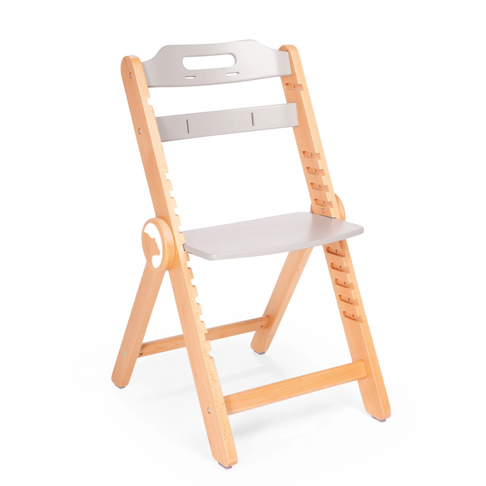 Scaun de masa pentru copii multifunctional Kidnort Drommer Grey, pliabil, din lemn, transformabil, cu sezut reglabil pe 11 nivele de inaltime, picioare antiderapante, cu pernuta inclusa, capacitate maxim admisa 75 kg - 1 | YEO