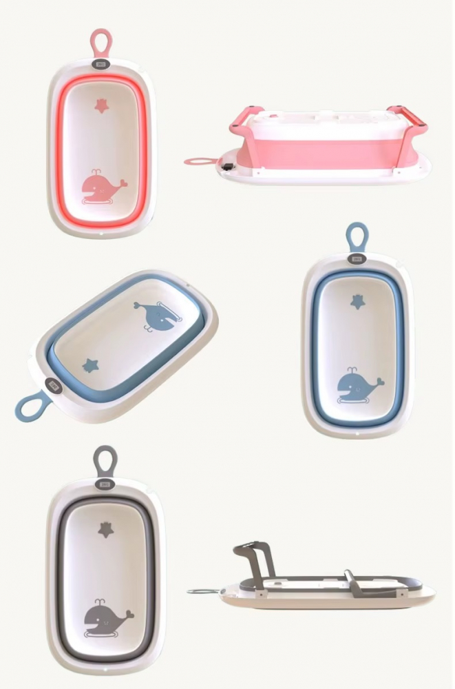 Set cadita pliabila pentru copii Little Mom, cu termometru integrat, dimensiune 85.5 x 20 x 47 cm, si Hamac ergonomic inclus, Grey Whale - 1 | YEO