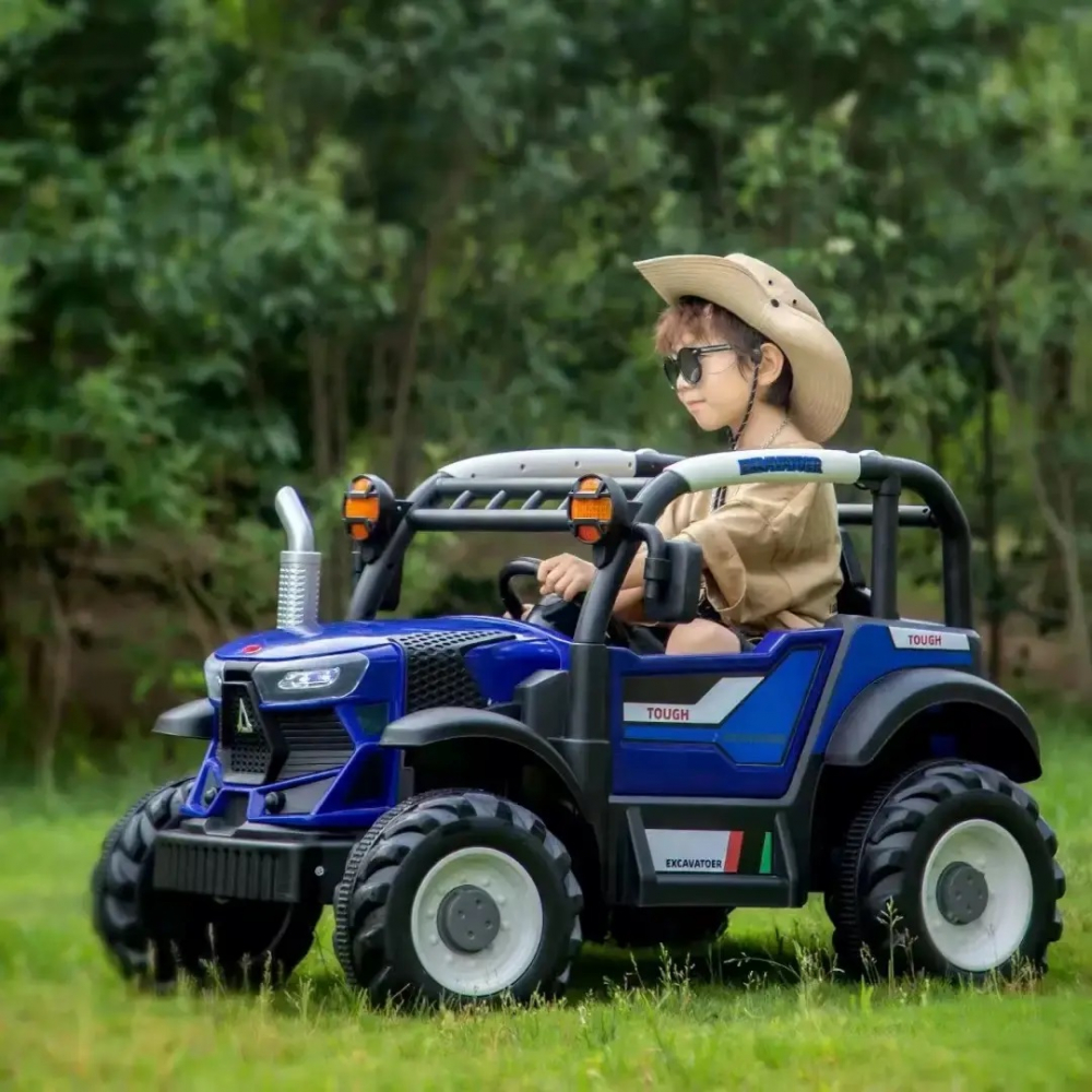 Tractor electric pentru copii Nichiduta Excavator Dark Blue 12V cu telecomanda pentru parinti,2motoare x 38W,scaun din piele ecologica,roti rezistente,lumini LED,sunete si muzica,usi cu deschidere