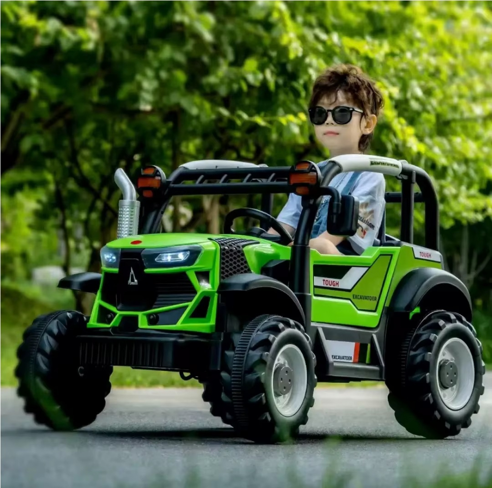 Tractor electric pentru copii Nichiduta Excavator Green 12V cu telecomanda pentru parinti,2motoare x 38W,scaun din piele ecologica,roti rezistente,lumini LED,sunete si muzica,usi cu deschidere