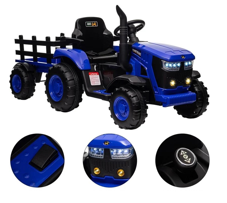 Tractor electric pentru copii Nichiduta Track Blue 90W cu telecomanda 2.5G, Acumulator 12V, Remorca detasabila, Centura siguranta, Faruri cu lumini LED, Sunete,slot card, Roti late din plastic rezistent cu aparatori noroi - 2