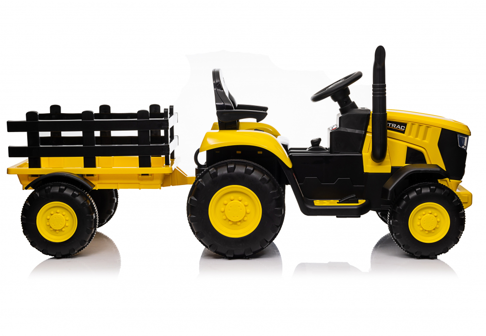Tractor electric pentru copii Nichiduta Track Yellow 90W cu telecomanda 2.5G, Acumulator 12V, Remorca detasabila, Centura siguranta, Faruri cu lumini LED, Sunete,slot card, Roti late din plastic rezistent cu aparatori noroi - 3