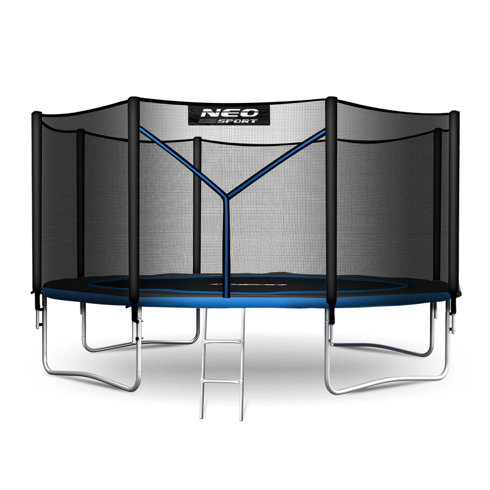 Trambulina de gradina pentru copii Neo-Sport Albastru 374cm 12FT cu Scara si Plasa interioara, Stalpi metalici cu protectie din burete, Intrare cu fermoar , Covoras impermeabil flexibil