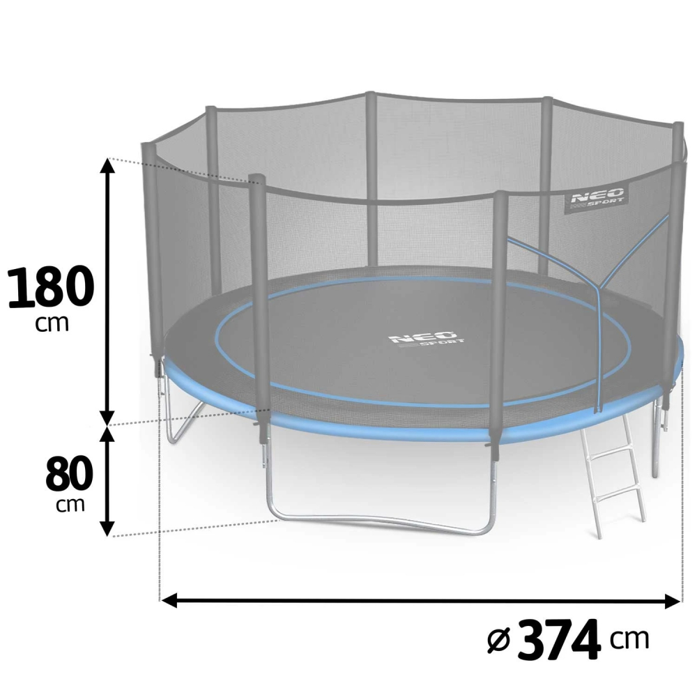Trambulina de gradina pentru copii Neo-Sport Albastru 374cm 12FT cu Scara si Plasa interioara, Stalpi metalici cu protectie din burete, Intrare cu fermoar , Covoras impermeabil flexibil - 1 | YEO