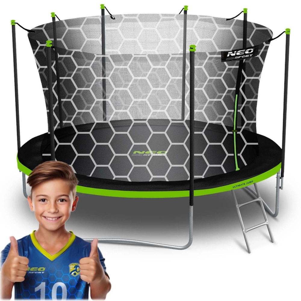 Trambulina de gradina pentru copii Neo-Sport Comb 404 cm 13FT,cu Scara si Plasa interioara, Stalpi metalici cu protectie din burete, Intrare cu fermoar si catarama, Covoras impermeabil flexibil