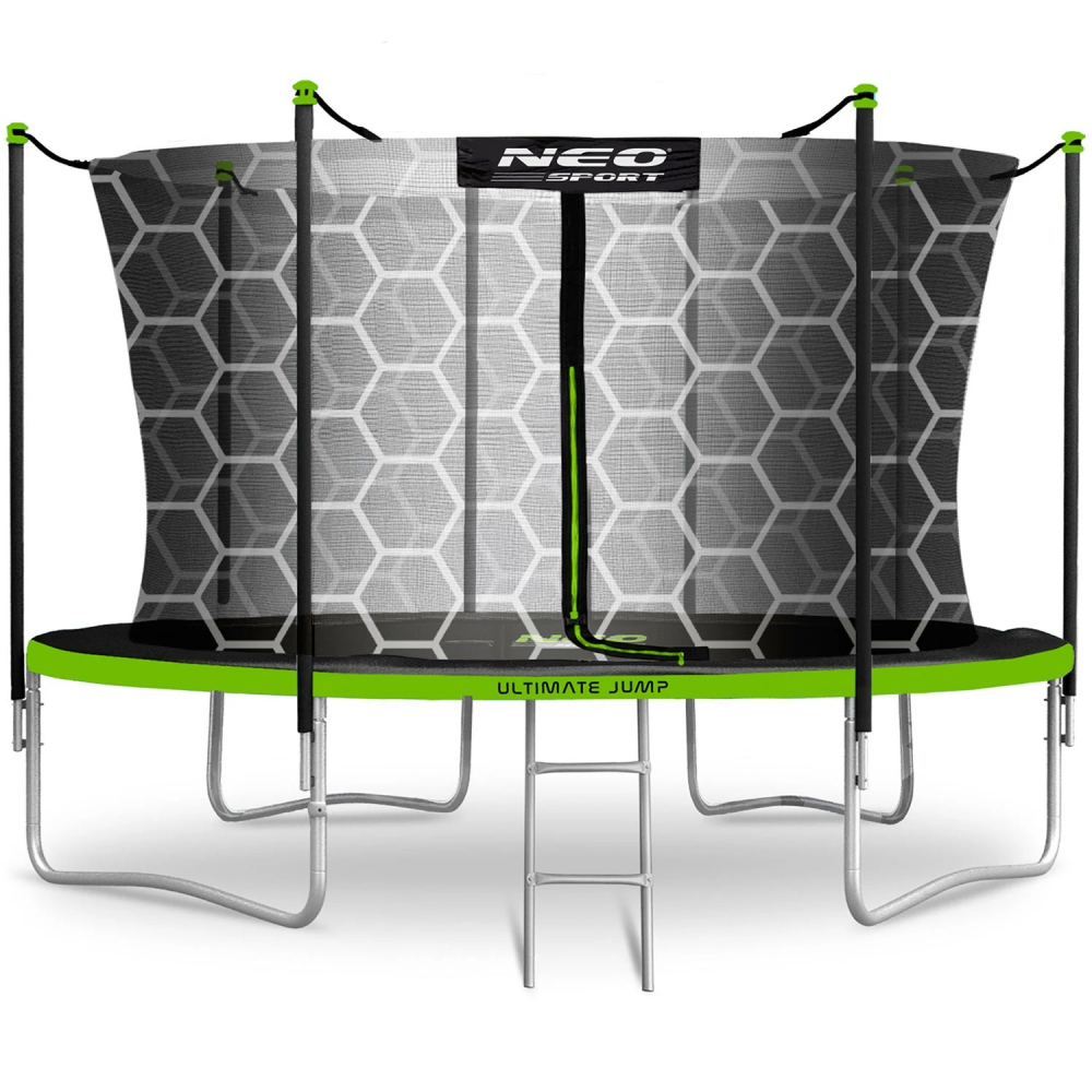 Trambulina de gradina pentru copii Neo-Sport Comb 404 cm 13FT,cu Scara si Plasa interioara, Stalpi metalici cu protectie din burete, Intrare cu fermoar si catarama, Covoras impermeabil flexibil