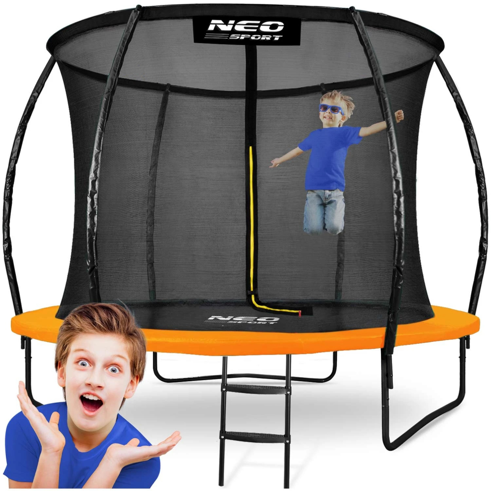 Trambulina de gradina pentru copii Neo-Sport Orange 312cm 10FT, Plasa interioara, Stalpi metalici cu protectie din burete, Intrare cu fermoar si catarama, Covoras impermeabil flexibil
