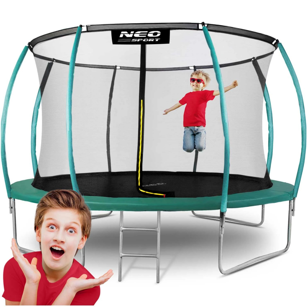 Trambulina de gradina pentru copii Neo-Sport Verde 374cm 12FT cu Scara si Plasa interioara, Stalpi metalici cu protectie din burete, Intrare cu fermoar si catarama, Covoras impermeabil flexibil - 1 | YEO