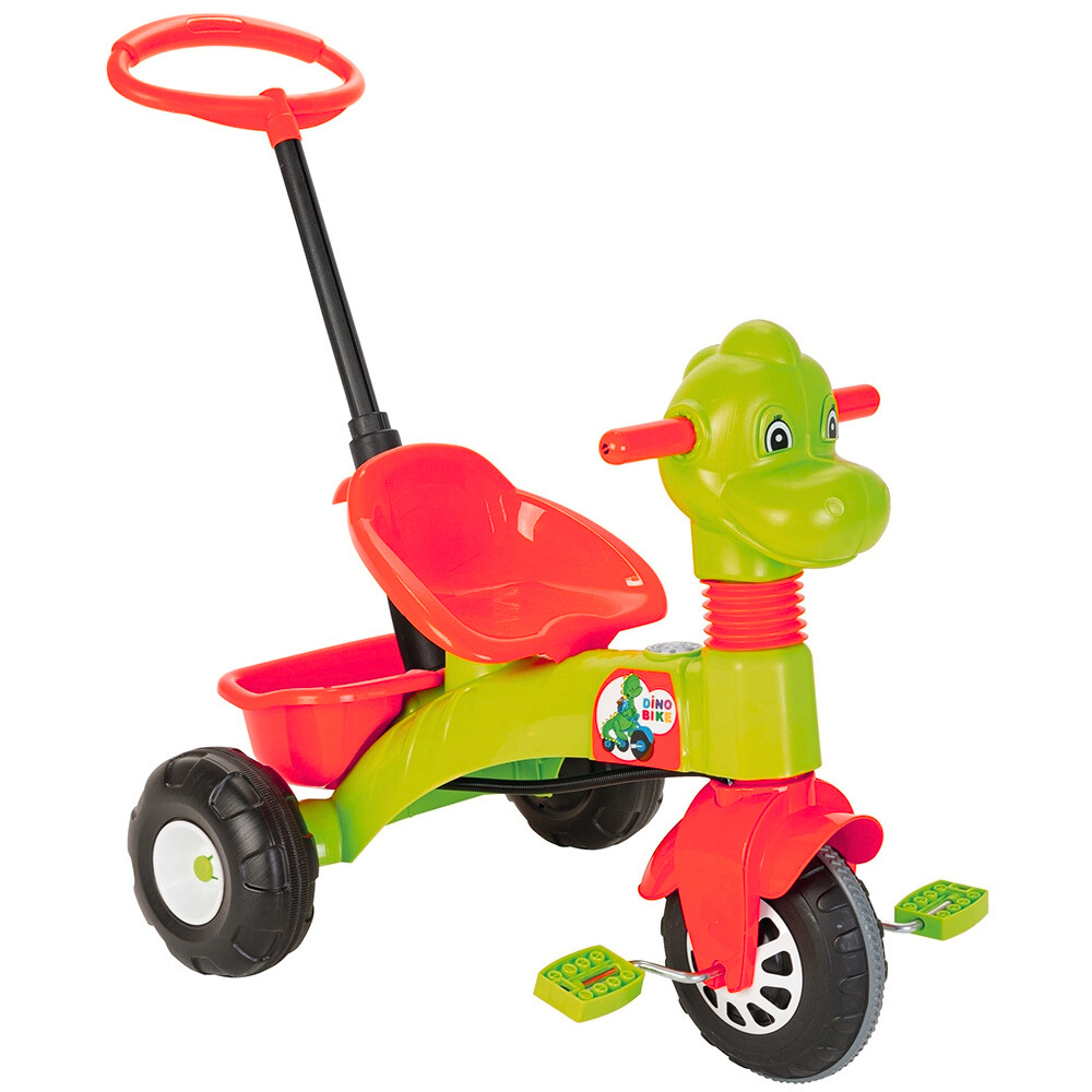Tricicleta pentru copii Pilsan Dino RedGreen cu maner reglabil pe inaltime,sistem roata libera, spatiu de depozitare de la 3 ani pana la 35 kg