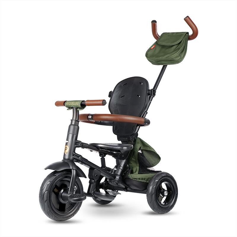 Tricicleta pentru copii Qplay Rito Deluxe verde-maslina, pliabila, cu scaun inalt, matlasat, ajustabil in 2 pozitii, maner cu control al directiei, frana dubla, copertina XXL, detalii de piele ecologica - 1 | YEO