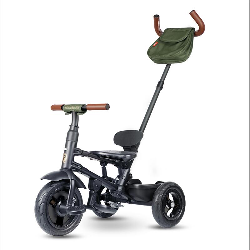 Tricicleta pentru copii Qplay Rito Deluxe verde-maslina, pliabila, cu scaun inalt, matlasat, ajustabil in 2 pozitii, maner cu control al directiei, frana dubla, copertina XXL, detalii de piele ecologica - 2 | YEO