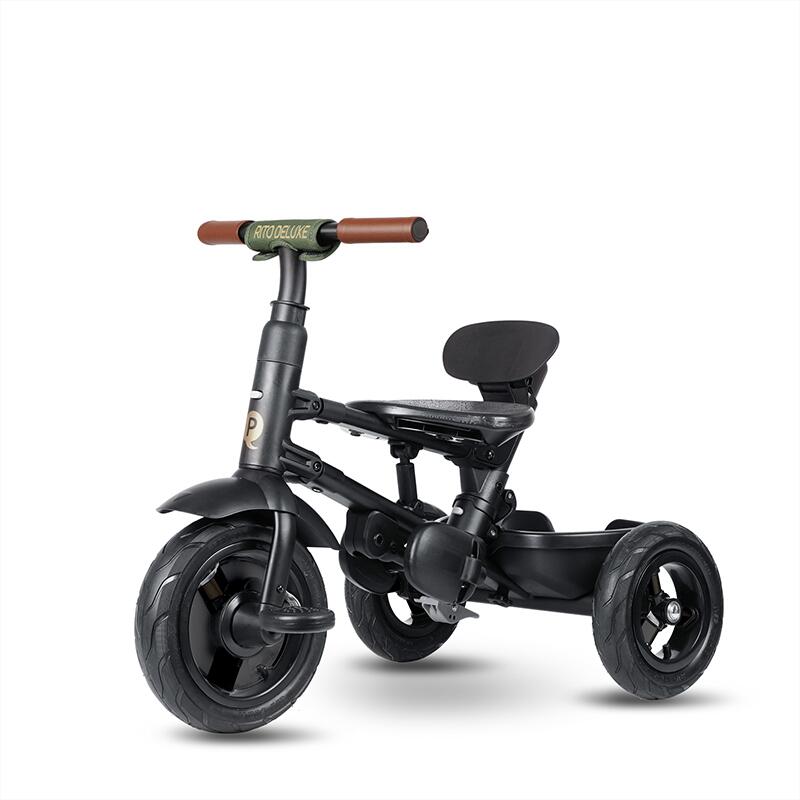 Tricicleta pentru copii Qplay Rito Deluxe verde-maslina, pliabila, cu scaun inalt, matlasat, ajustabil in 2 pozitii, maner cu control al directiei, frana dubla, copertina XXL, detalii de piele ecologica - 3 | YEO