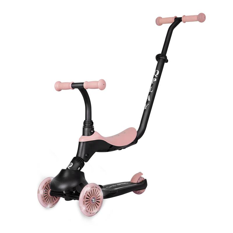 Trotineta pentru copii QPlay Sema EVO Roz 6 in 1 multifunctionala cu scaunel maner telescopic parental inaltime ajustabila cadru din aluminiu greutate admisa 50 kg