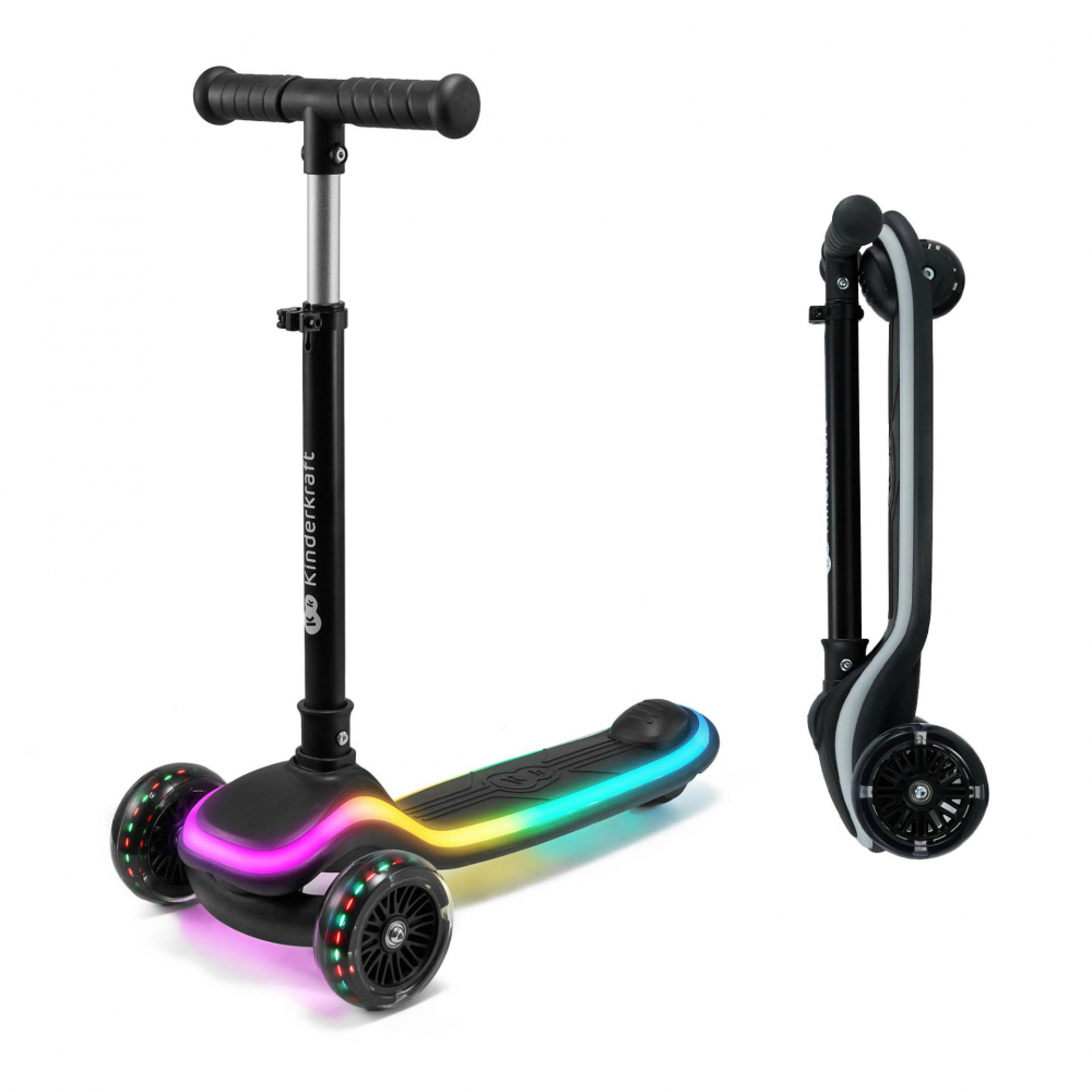 Trotineta pentru copii Kinderkraft Raket Black pliabila platforma si roti LED ghidon reglabil greutate admisa 50 kg