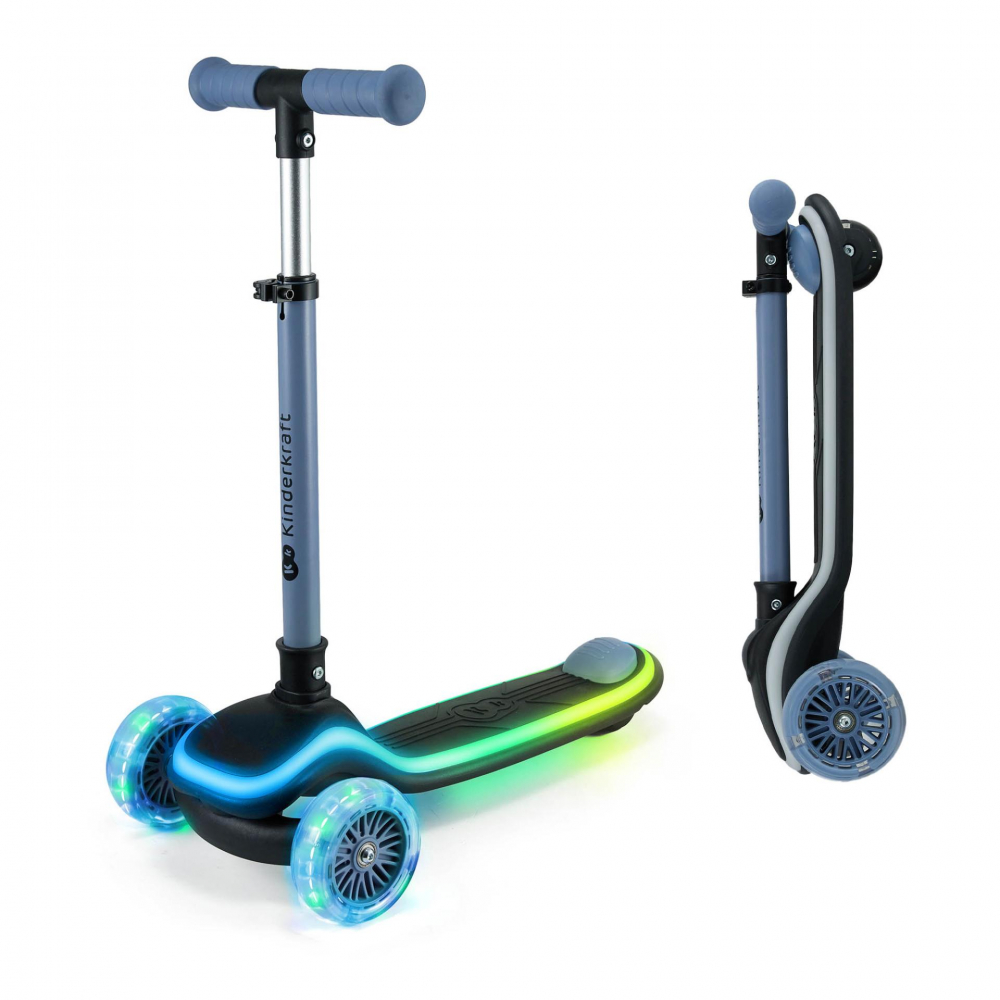 Trotineta pentru copii Kinderkraft Raket Blue pliabila platforma si roti LED ghidon reglabil greutate admisa 50 kg