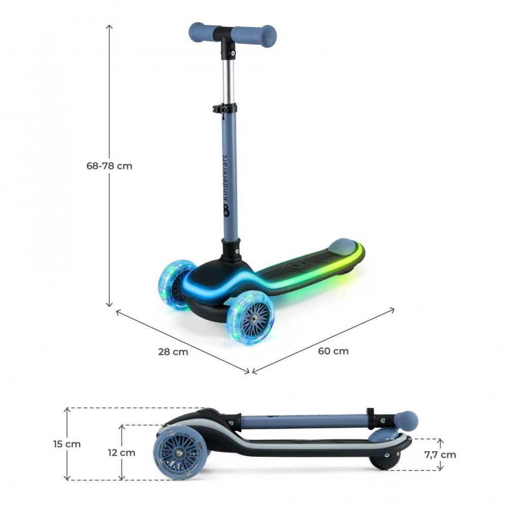Trotineta pentru copii Kinderkraft Raket Blue pliabila, platforma si roti LED, ghidon reglabil, greutate admisa 50 kg - 7
