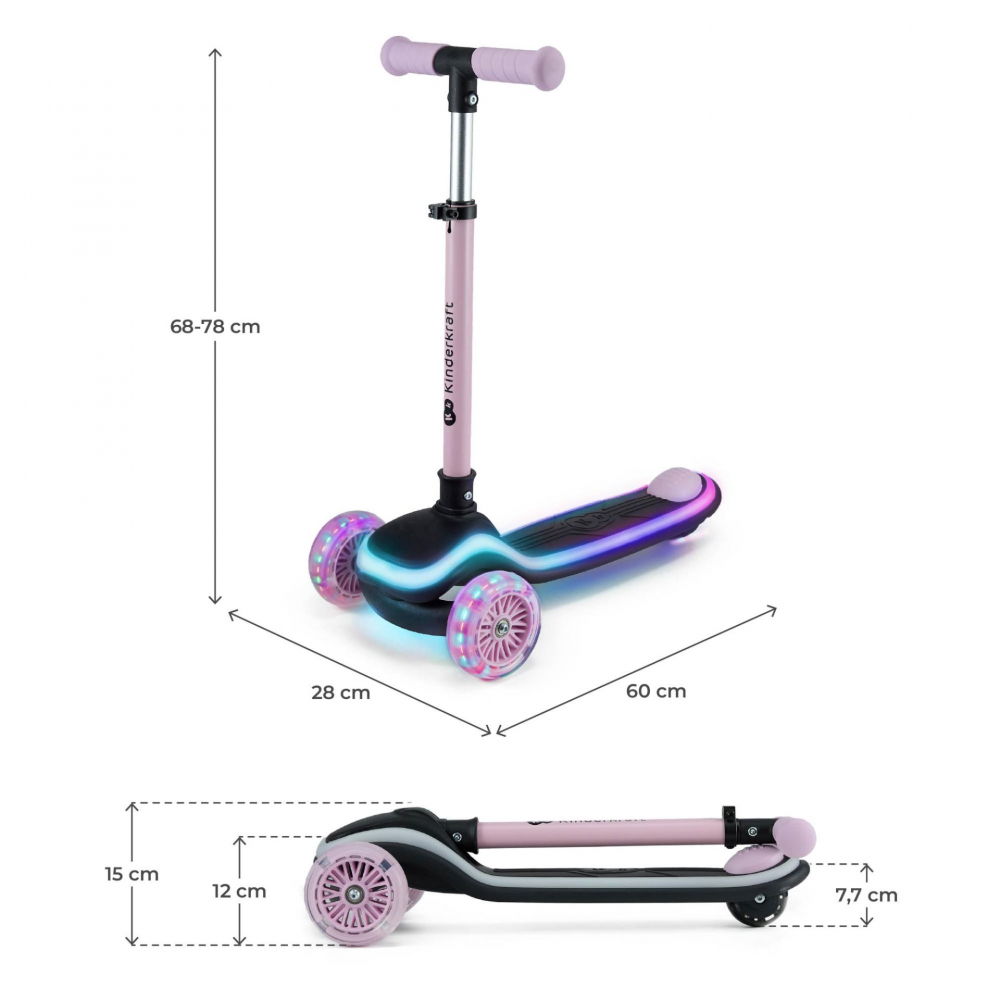 Trotineta pentru copii Kinderkraft Raket Pink pliabila, platforma si roti LED, ghidon reglabil, greutate admisa 50 kg - 1 | YEO